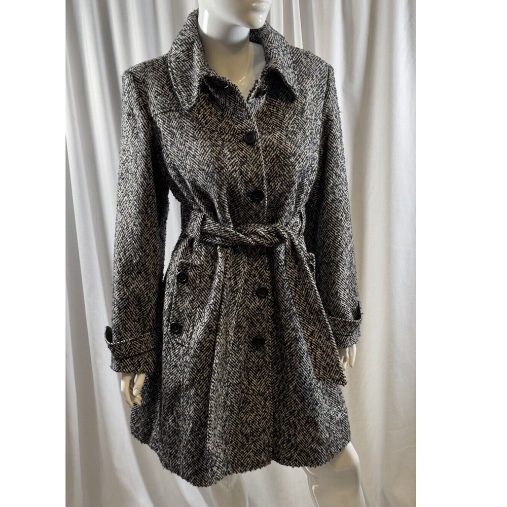 Weather Tamer Coat XL Black White Herringbone Wool Blend Belted Winter 72-43
